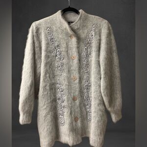 Vintage Lee Sands Angora Cardigan–Pearl Beaded‎ Floral Embroidery–Made in Korea